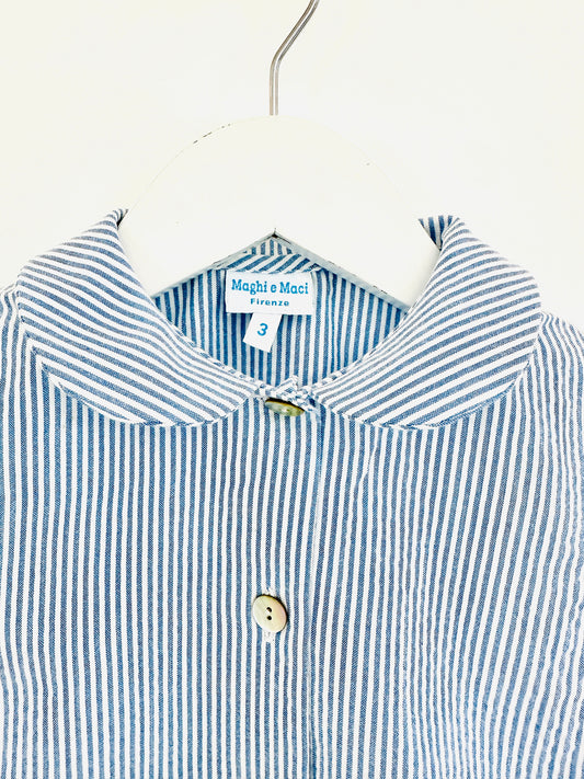 Girl’s Blue Seersucker Pants and Sleeveless Shirt Set with Floral Ruffle