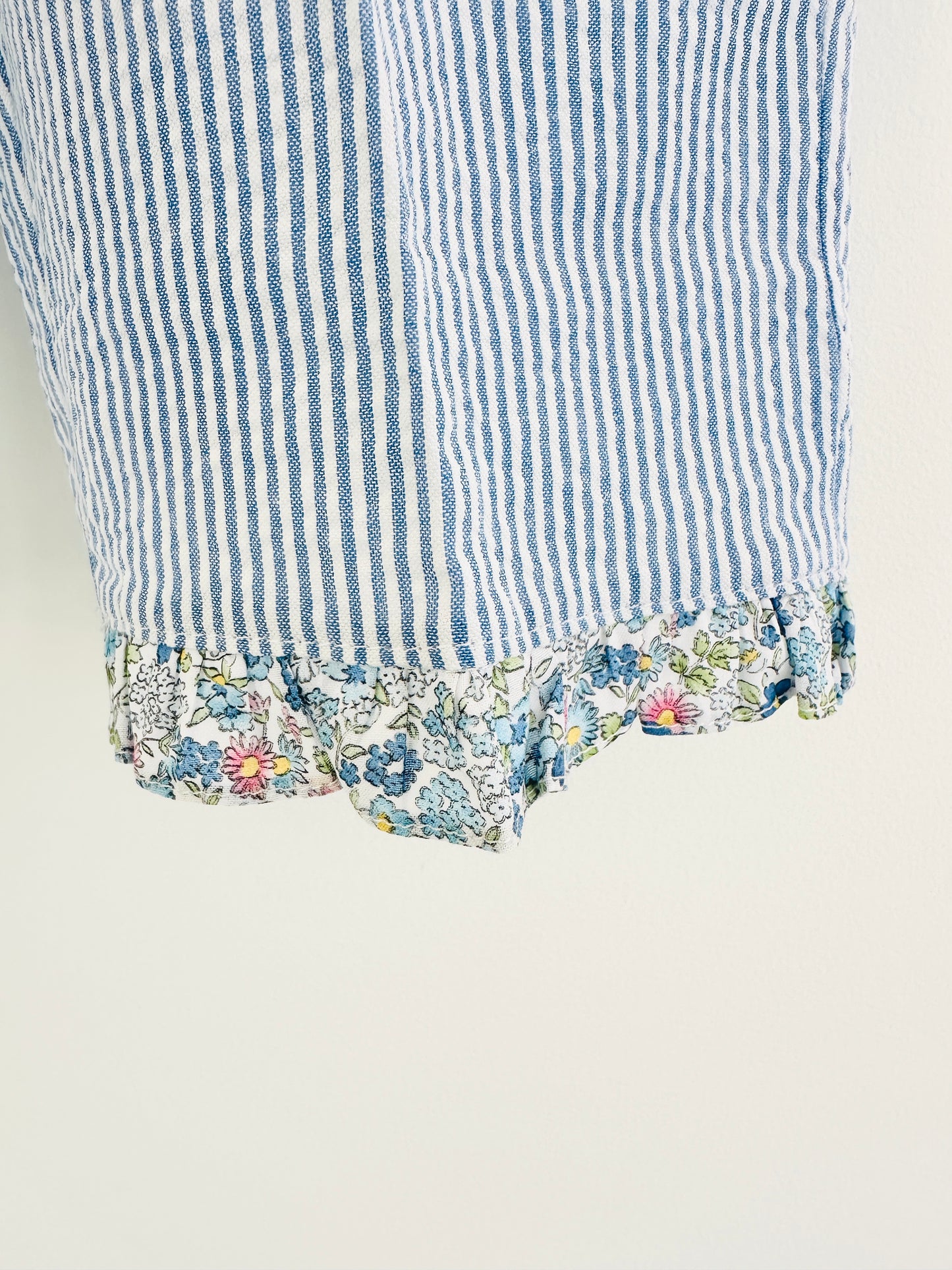 Girl’s Blue Seersucker Pants and Sleeveless Shirt Set with Floral Ruffle