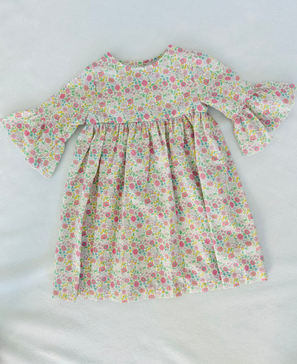 Girl’s 100% Cotton Floral Dress with ¾ Flared Sleeves