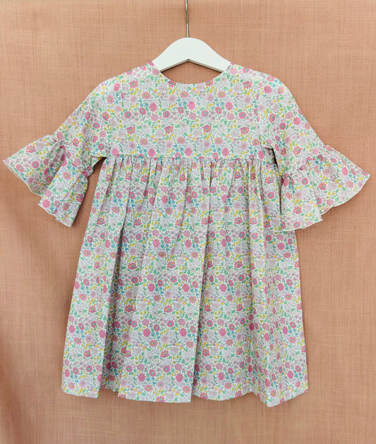 Girl’s 100% Cotton Floral Dress with ¾ Flared Sleeves