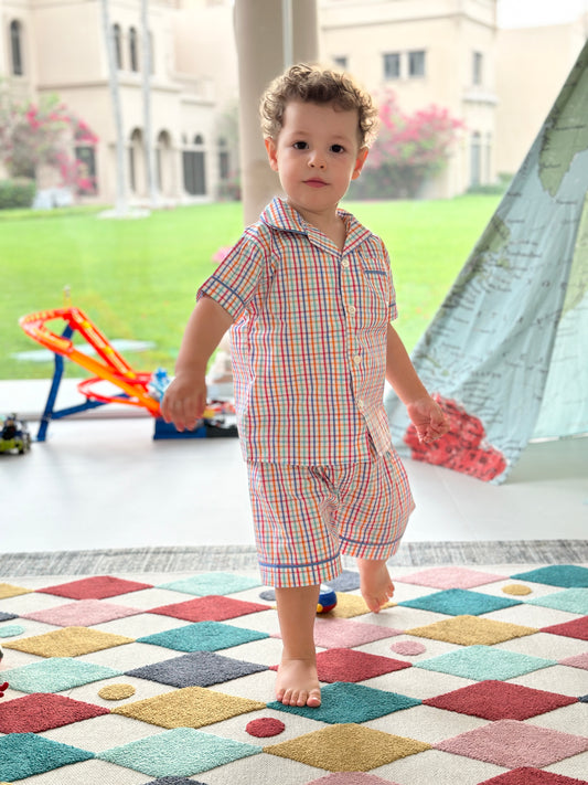 Boys' Short Sleeve Gingham Pyjama Set with Shorts