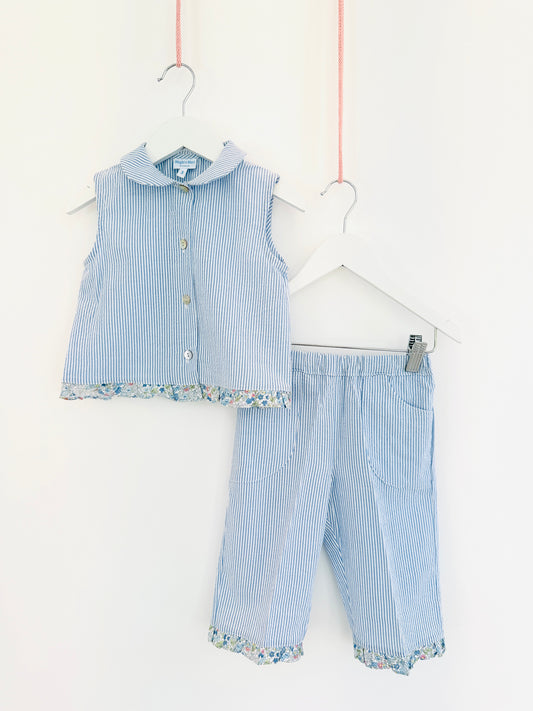 Girl’s Blue Seersucker Pants and Sleeveless Shirt Set with Floral Ruffle