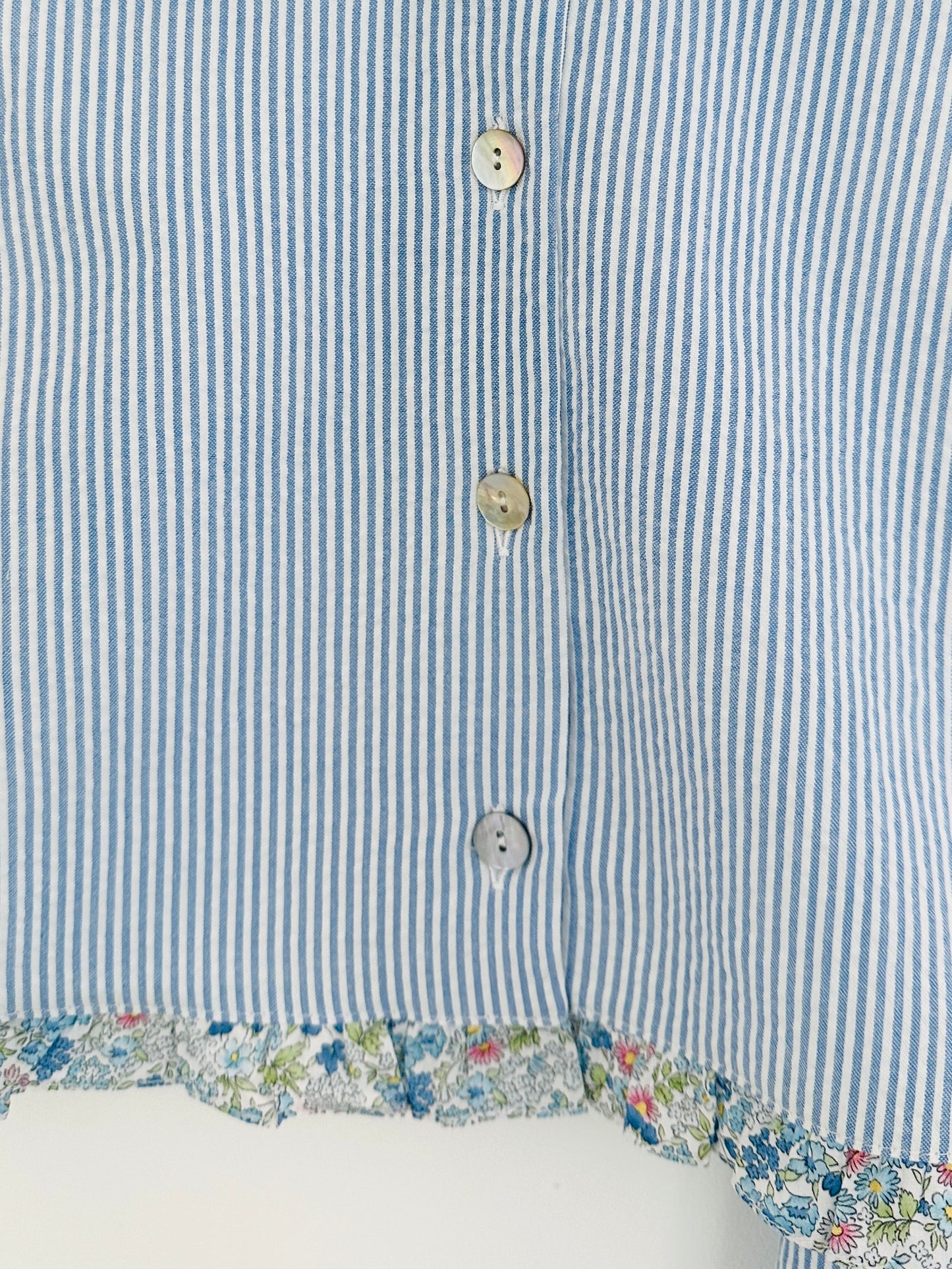 Girl’s Blue Seersucker Pants and Sleeveless Shirt Set with Floral Ruffle