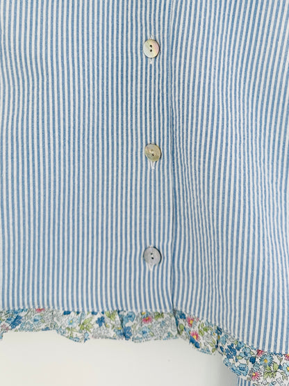 Girl’s Blue Seersucker Pants and Sleeveless Shirt Set with Floral Ruffle