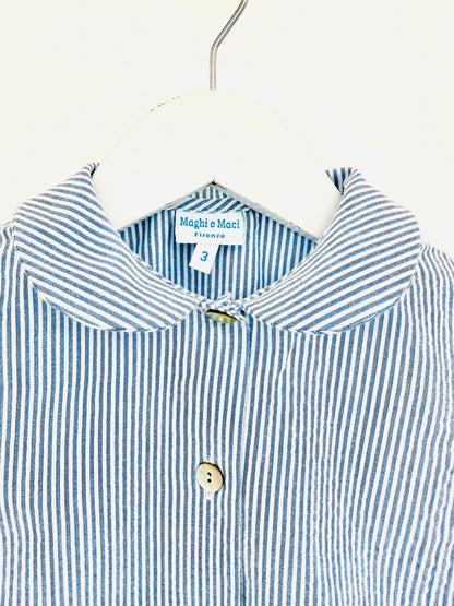 Girl’s Blue Seersucker Pants and Sleeveless Shirt Set with Floral Ruffle