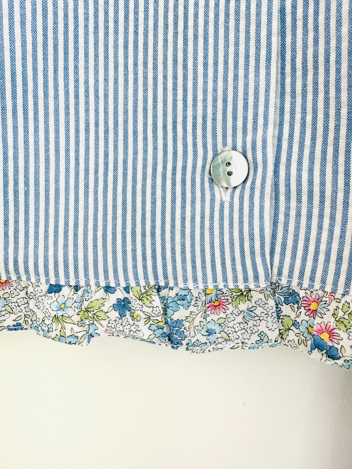 Girl’s Blue Seersucker Pants and Sleeveless Shirt Set with Floral Ruffle