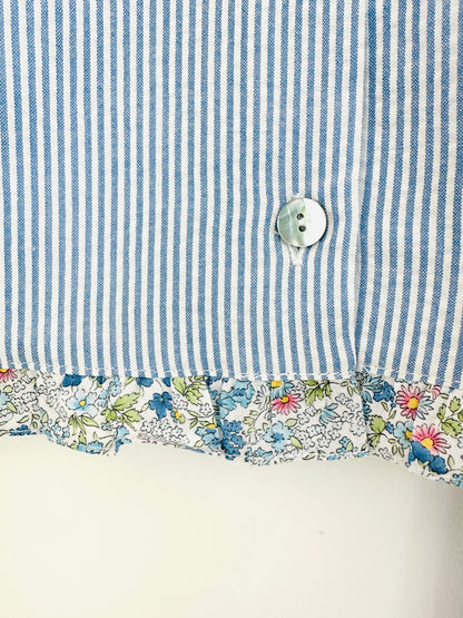 Girl’s Blue Seersucker Pants and Sleeveless Shirt Set with Floral Ruffle