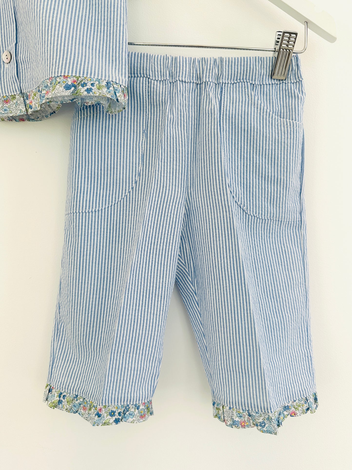 Girl’s Blue Seersucker Pants and Sleeveless Shirt Set with Floral Ruffle