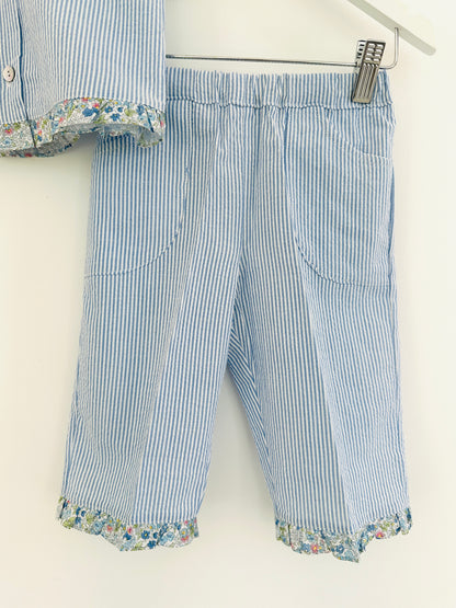 Girl’s Blue Seersucker Pants and Sleeveless Shirt Set with Floral Ruffle
