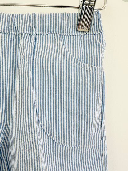 Girl’s Blue Seersucker Pants and Sleeveless Shirt Set with Floral Ruffle